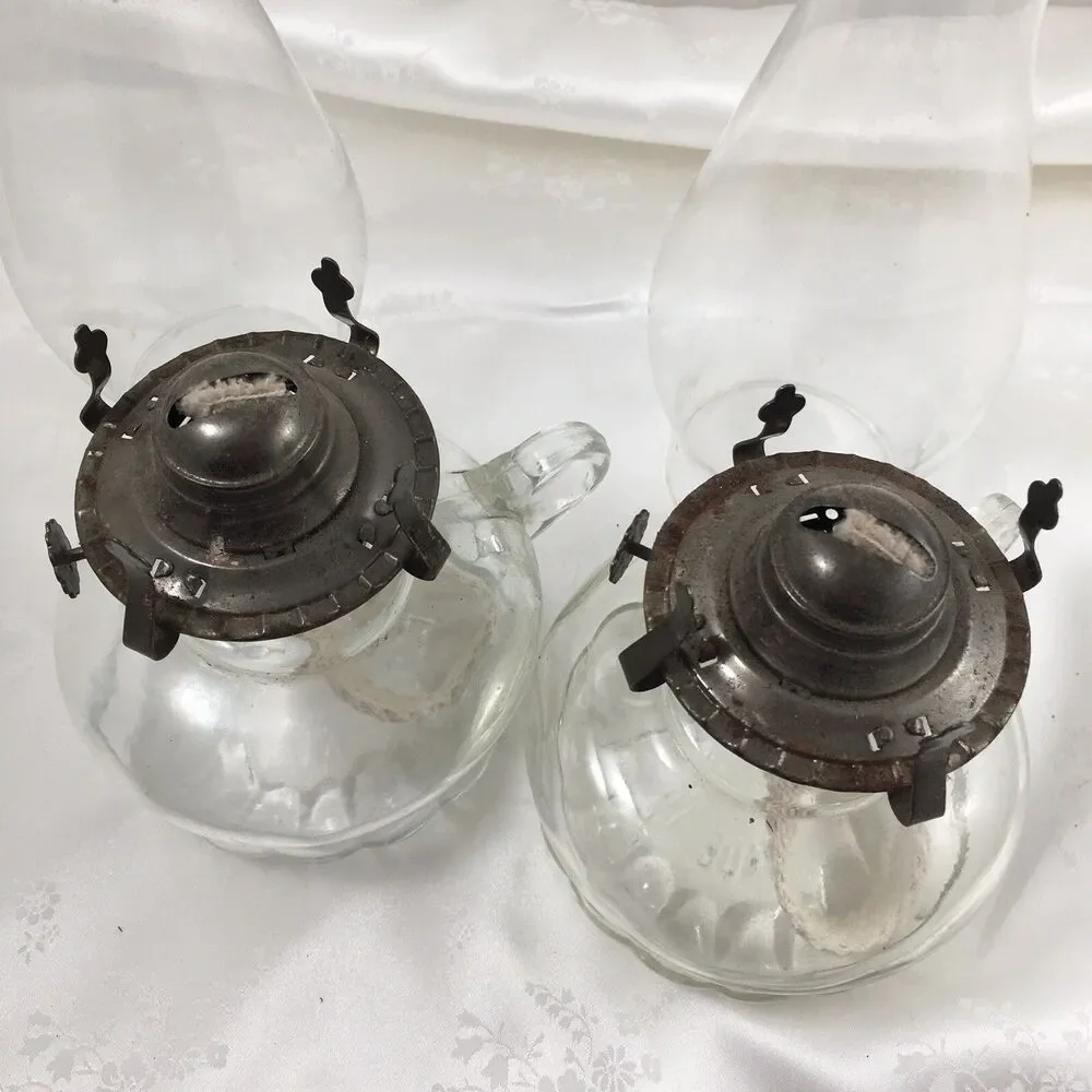 lot of 2 Matching Chamber Glass Oil Lamps Clear Glass with Handle